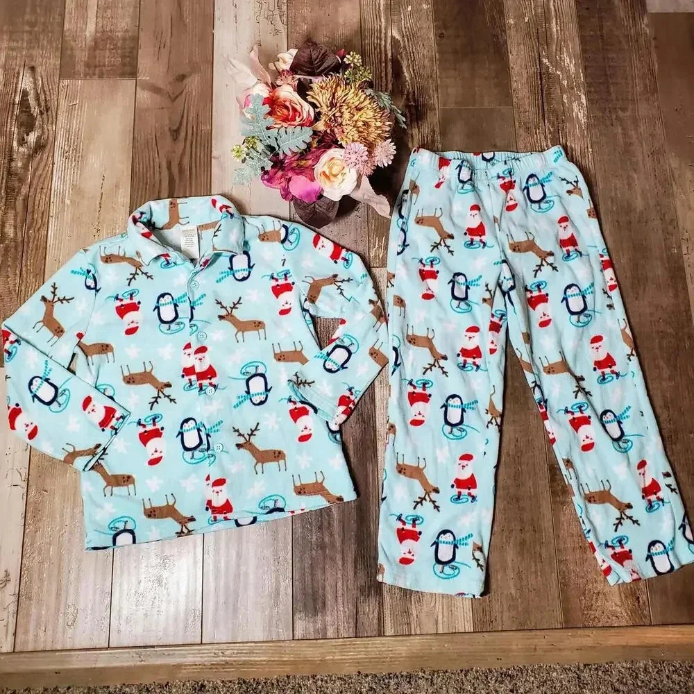 Gymboree Blue Winter Christmas Santa Penguin Reindeer Size 5/6 Fleece PJ Set